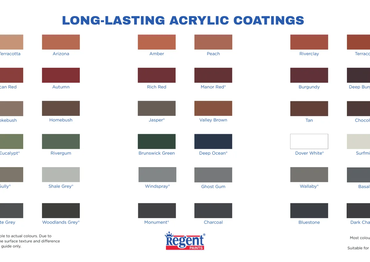 Regent Paints long-lasting acrylic coatings colour chart
