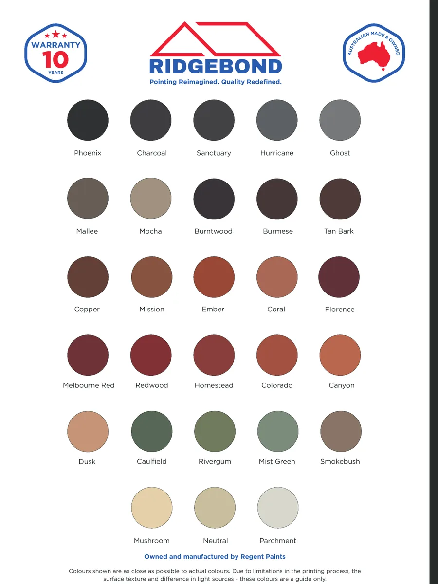 Regent Ridgebond flexible pointing colour chart with named colour swatches